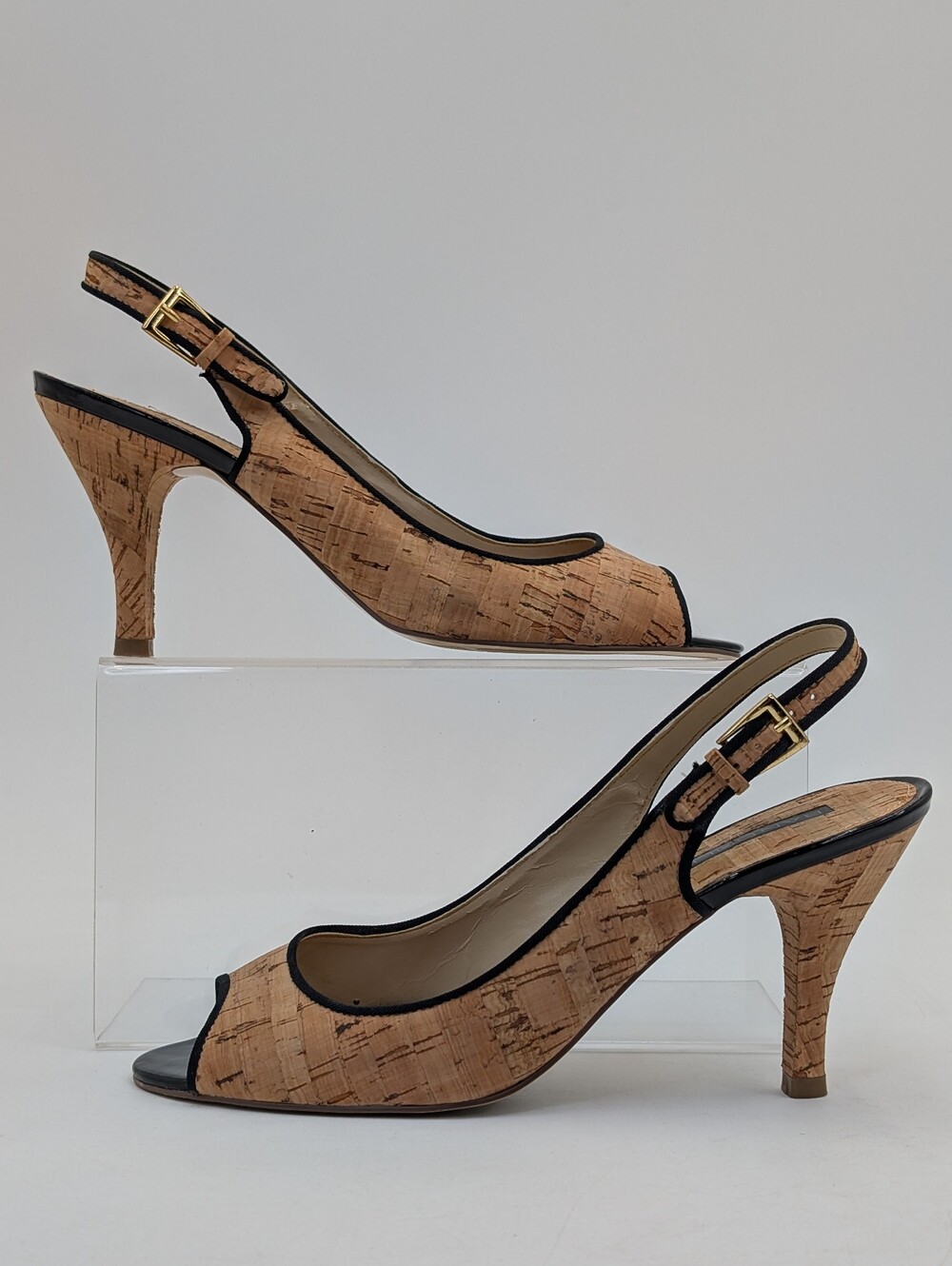 Bandolino Bardeco Size 8.5 Natural Cork Black Trim Gold Buckle Peep-Toe Stiletto - Picture 8 of 17